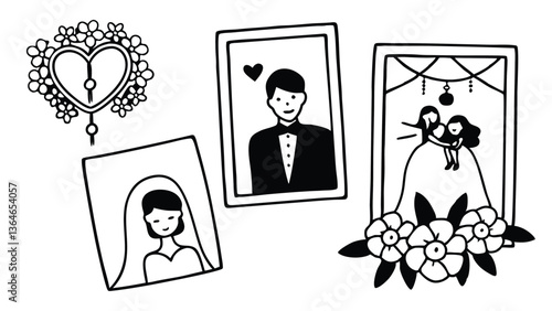  Elegant just married party hand drawn elements. Casual vintage drawings for invitations, cards, greetings and placards