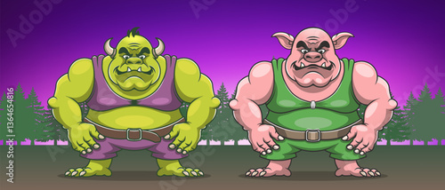 Vector cartoon big strong muscular scary standing powerful ugly horned and fanged forest goblin and wild hog. Toon fairy tale evil monsters. Legends and epics