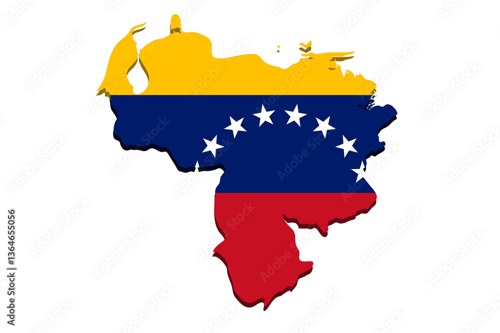 Obraz premium Venezuela, detailed geographical map with country flag. Painted in the colors of the national flag. white background.