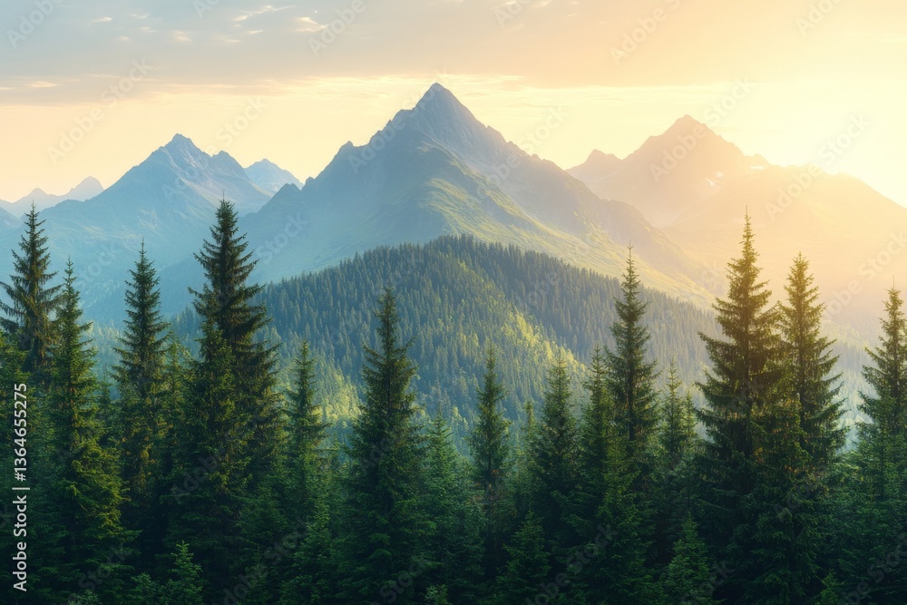 Fototapeta premium Majestic mountain landscape with evergreen trees under a warm sunrise in a serene wilderness