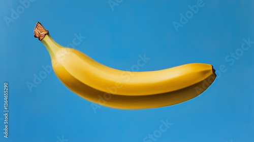 A single, whole banana, centered and floating slightly  against a solid, bright blue background. 