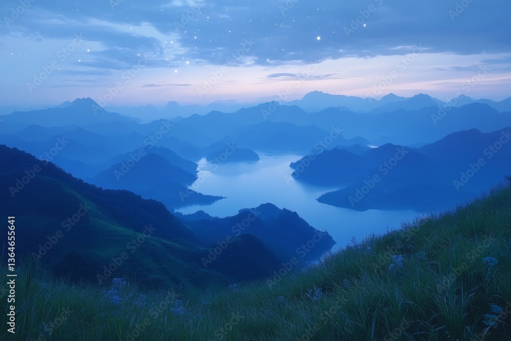 Fototapeta premium Majestic mountain landscape at twilight with serene lake and starry sky in the distance