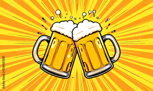 A colorful vector illustration of two cartoon beer mugs smashing together