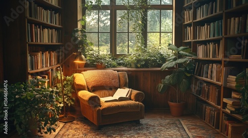 A living room featuring a cozy reading corner, highlighted by a plush armchair, a small bookshelf brimming with novels, and a floor lamp casting warm light for perfect reading conditions.