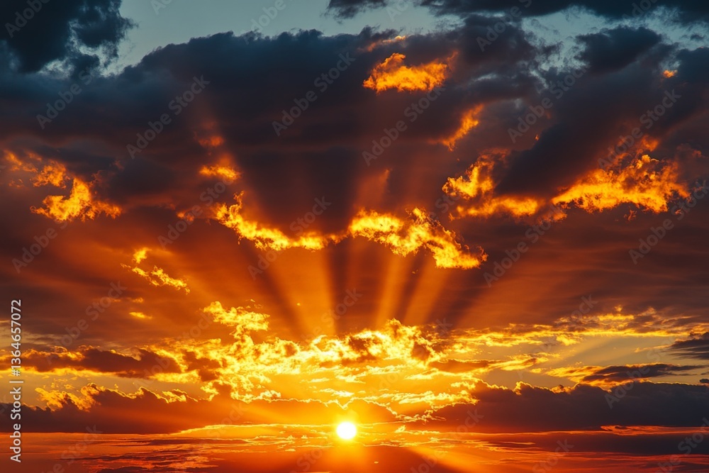 Fototapeta premium Vibrant sunset over the horizon with dramatic clouds illuminating the sky
