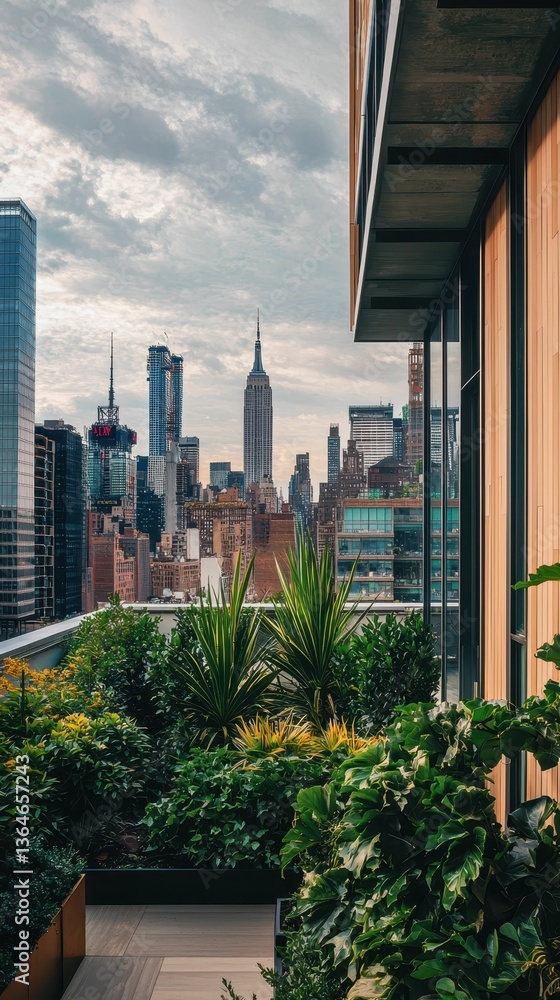 Fototapeta premium Rooftop Garden with Lush Plants Overlooking Urban City View