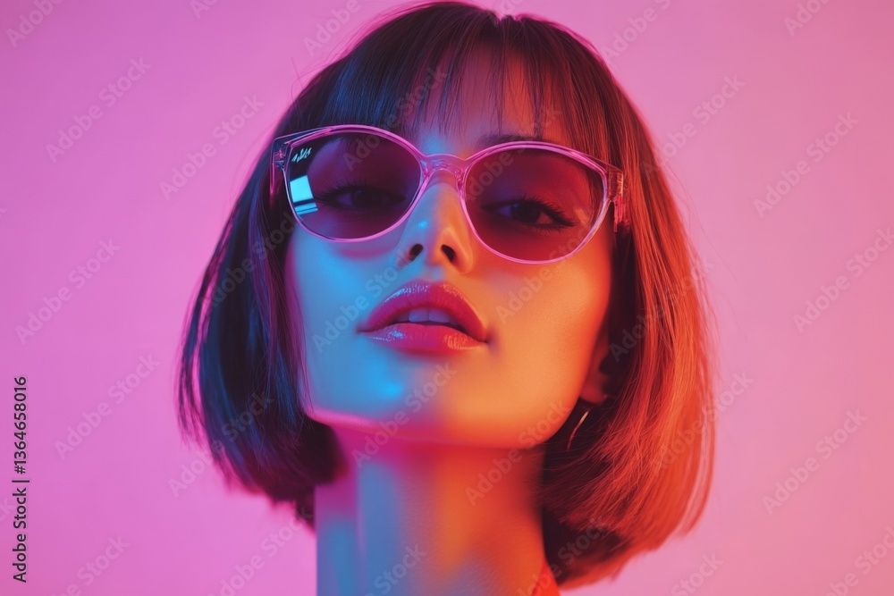 Model poses with stylish sunglasses against a vibrant pink and blue backdrop during a fashion photo shoot in an urban environment Model poses with stylish sunglasses against a vibrant pink and blue backdrop during a fashion photo shoot in an urban environment