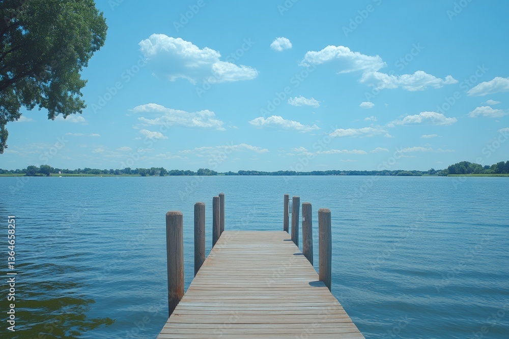 Tranquil lakeside view from a wooden dock under a clear blue sky during midday Tranquil lakeside view from a wooden dock under a clear blue sky during midday