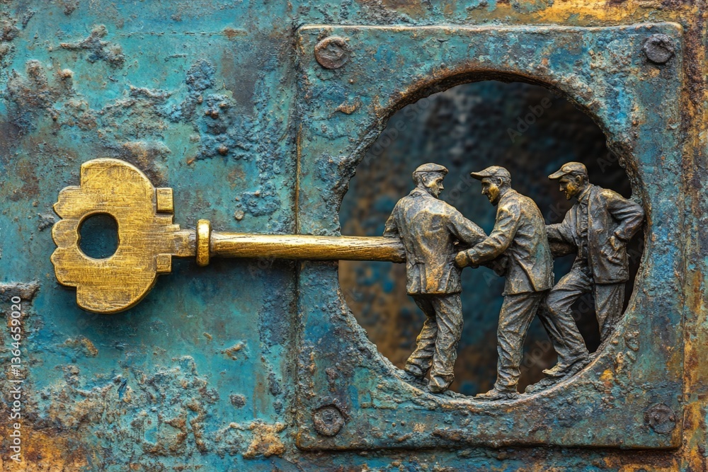 Sculptural key unlocking a passage between two figures in an intricate ironwork design Sculptural key unlocking a passage between two figures in an intricate ironwork design