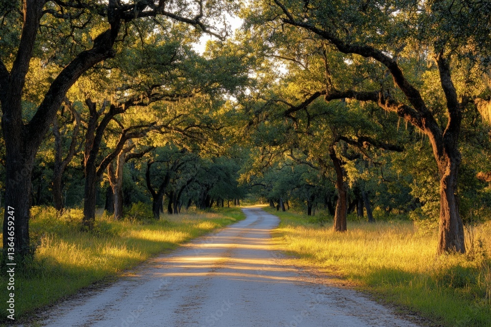 Fototapeta premium Serene dirt road bordered by towering trees under a golden sun at dusk