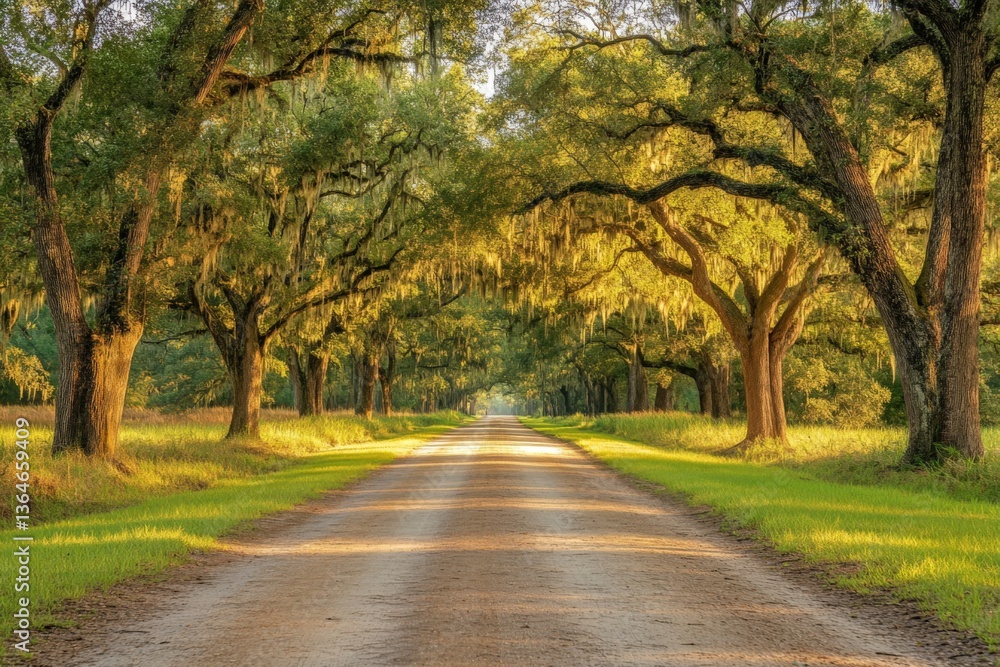 Naklejka premium Beautiful tree-lined dirt road creating a serene atmosphere in a southern landscape during golden hour