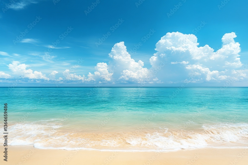 Serene beach view with turquoise water and fluffy clouds on a sunny day in a tropical paradise Serene beach view with turquoise water and fluffy clouds on a sunny day in a tropical paradise