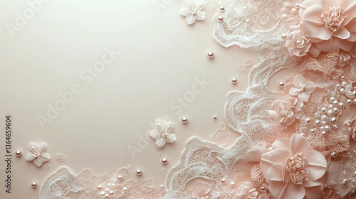 Pink and White Lace with Pearls on White Background