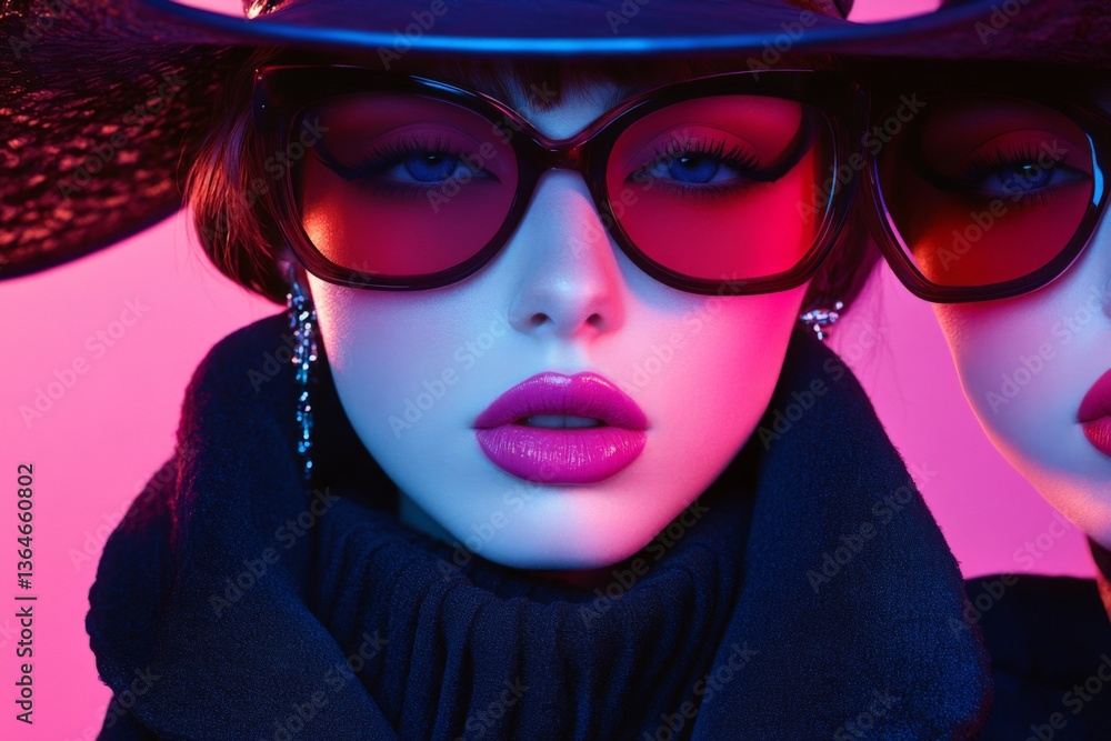 Fototapeta premium Fashion-forward model showcases striking makeup and accessories in a vibrant display of urban style