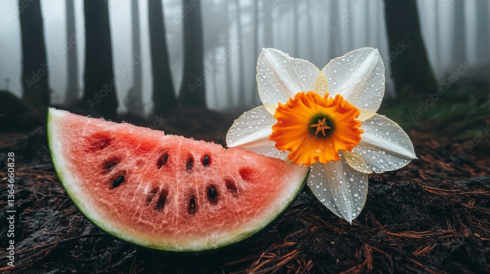 Watermelon Slice and Daffodil in Misty Forest Watermelon Slice and Daffodil in Misty Forest
