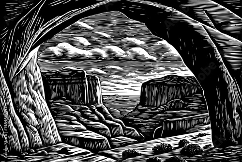 Rocky Arches National Park Desert landscape black and white hand drawn sketch outline