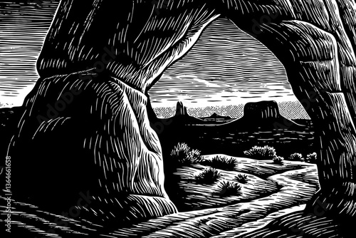 Rocky Arches National Park Desert landscape black and white hand drawn sketch outline