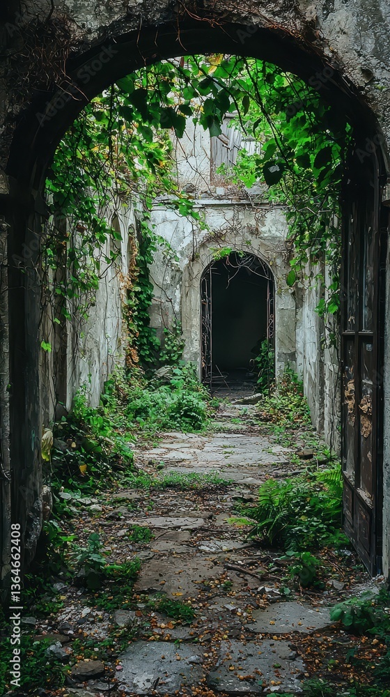 Obraz premium Abandoned Archway Surrounded by Overgrown Greenery and Crumbling Walls