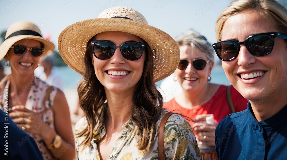 Woman wearing a straw hat and sunglasses is smiling at the camera. She is surrounded by other people, some of whom are also smiling Woman wearing a straw hat and sunglasses is smiling at the camera. She is surrounded by other people, some of whom are also smiling