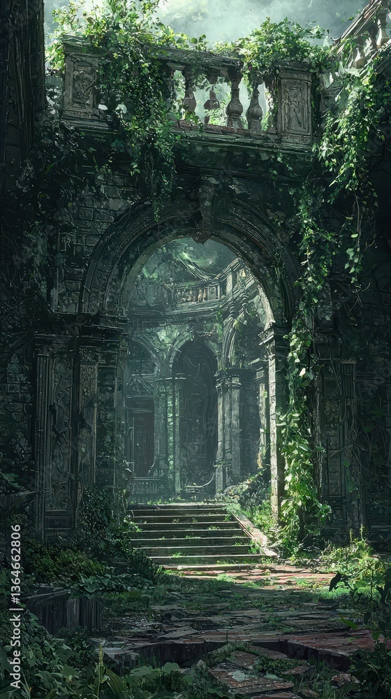 Fototapeta premium Enigmatic Crumbling Archway of a Derelict Manor Overgrown with Vines