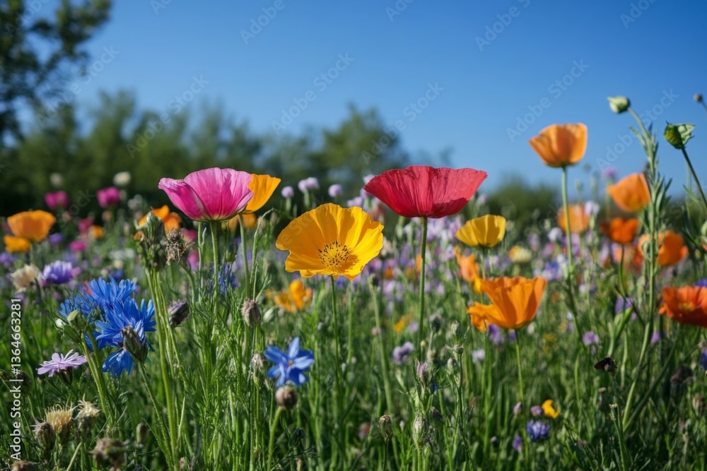 Obraz premium Colorful wildflowers bloom in a vibrant meadow under clear blue skies during springtime in a natural landscape setting