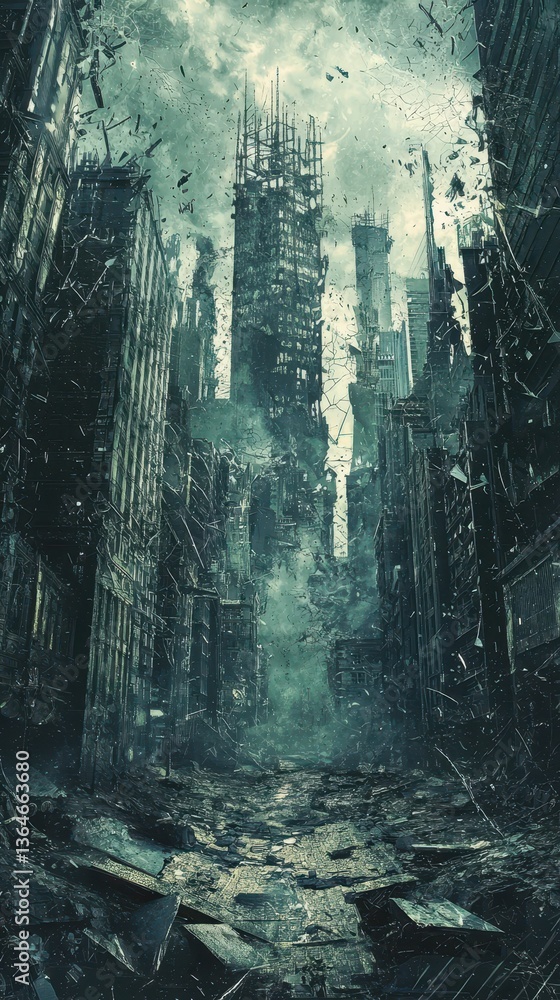 Obraz premium Crumbling Cityscape with Shattered Glass and Dystopian Atmosphere