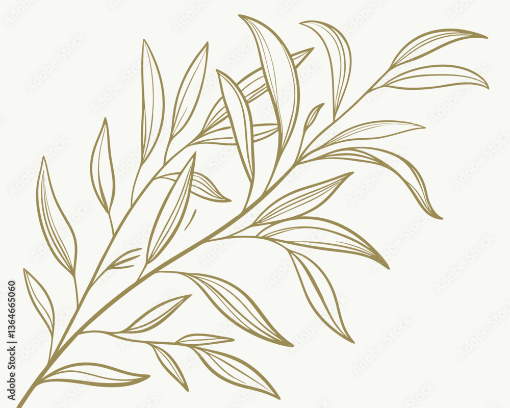 Fototapeta premium Elegant leaf branch line art illustration with delicate vein details on light background.