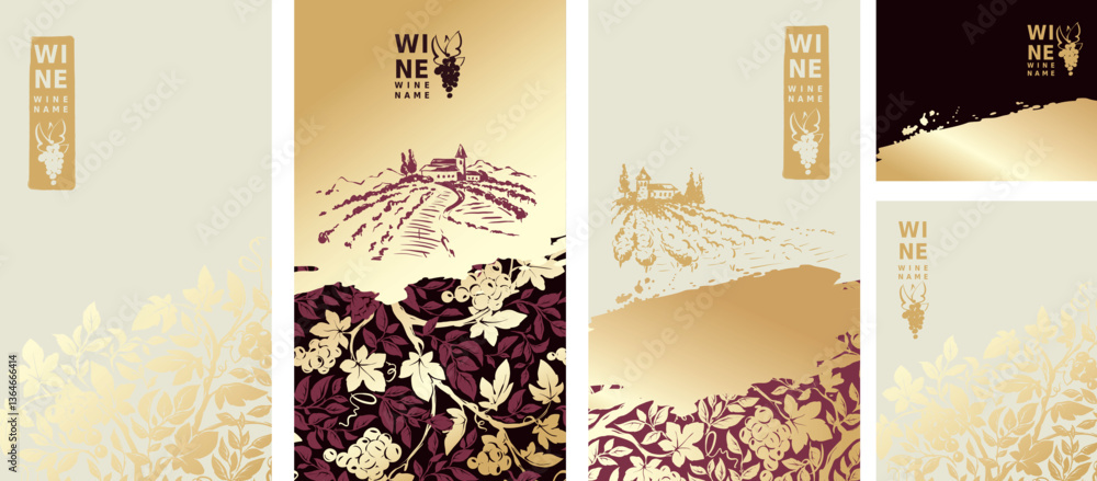 Fototapeta premium Collection labels for wine. Vector illustration, set of backgrounds with grapes, vineyard landscape and gold strokes. Eastern style, author's hand drawing.