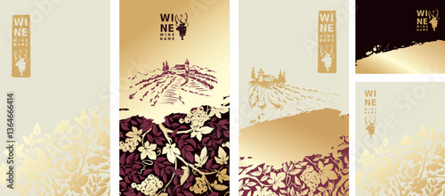 Collection labels for wine. Vector illustration, set of backgrounds with grapes, vineyard landscape and gold strokes. Eastern style, author's hand drawing.	