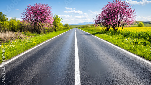 Wallpaper Mural A curving asphalt country road stretches through a vibrant green field under a vast spring sky, bordered by trees along its rural way Torontodigital.ca