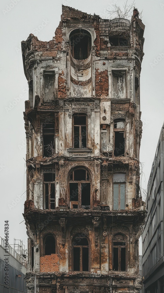 Crumbling Relic of a Once Majestic Building in Urban Landscape Crumbling Relic of a Once Majestic Building in Urban Landscape