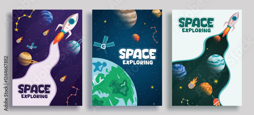 Outer space exploration clipart set. Solar system exploring science drawing clip art collection with rocket launch, planets, stars and satellite educational cards vector illustration. 
