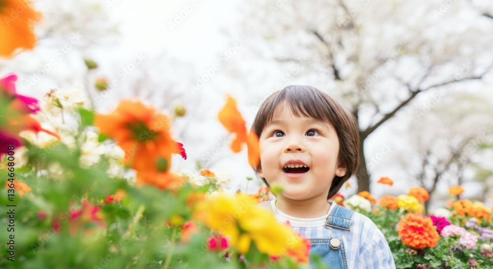 Asian child joyfully exploring vibrant spring flowers in bloom Asian child joyfully exploring vibrant spring flowers in bloom