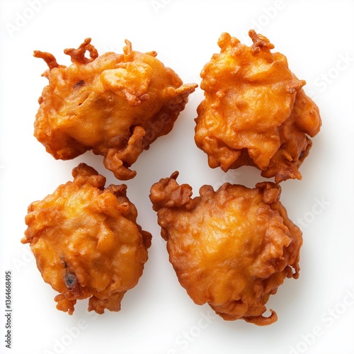 Four Freshly Fried Golden Brown Onion Bhajis or Pakoras Isolated on White Background, Indian Snack Top View