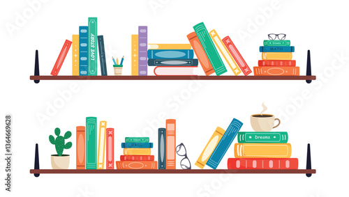 Books shelf school library clipart set. Kids book shelves home library with children fiction story, novel, literature and fantasy for reading materials clip art collection vector illustration. 
