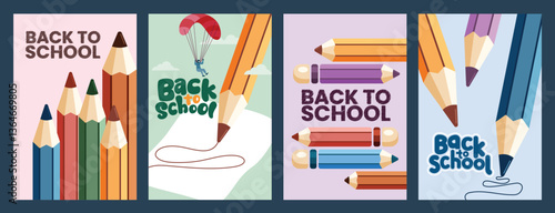 Back to school clipart poster set. School greeting template clip art collection with colorful color pencil educational supplies and items vector illustration.    

