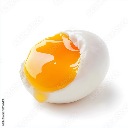 Perfectly Cooked Soft Boiled Egg Half with Runny Yellow Yolk Dripping Isolated on White Background