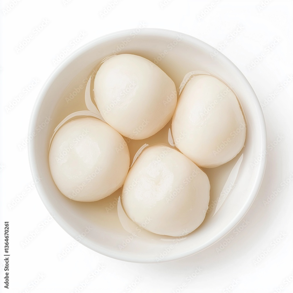 Rasgulla Indian Sweet in Syrup Bowl, Top View on White Background Rasgulla Indian Sweet in Syrup Bowl, Top View on White Background