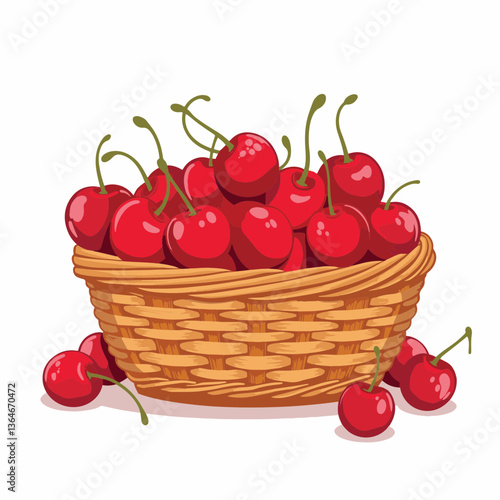 Fresh cherries in a wicker basket on a white background  