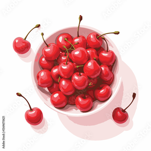 Red cherries in a bowl with a few scattered on a white background  