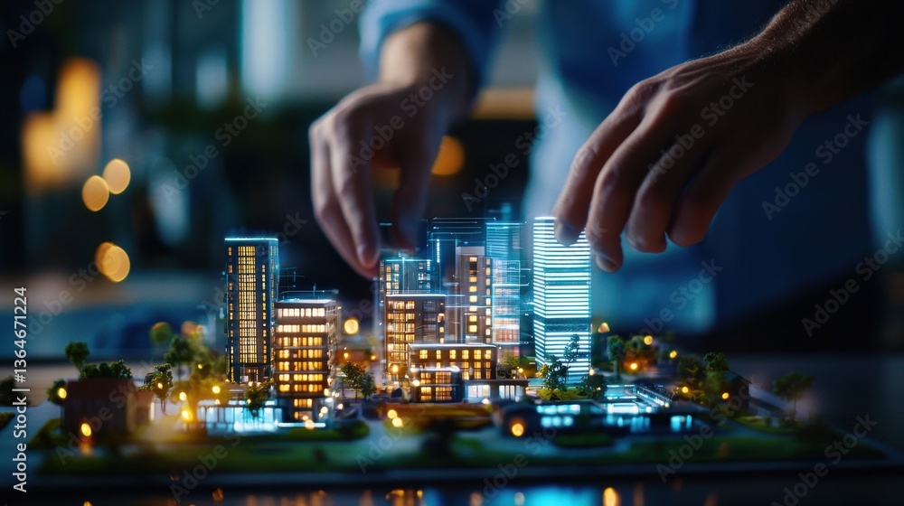 Obraz premium Illuminated Miniature City Model Showcasing Futuristic Urban Skyline and Architectural Development Digital rendering of a modern metropolitan area with high rise buildings skyscrapers