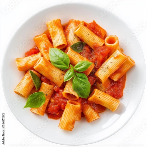 Rigatoni Pasta with Tomato Sauce and Basil in White Plate on Isolated Background