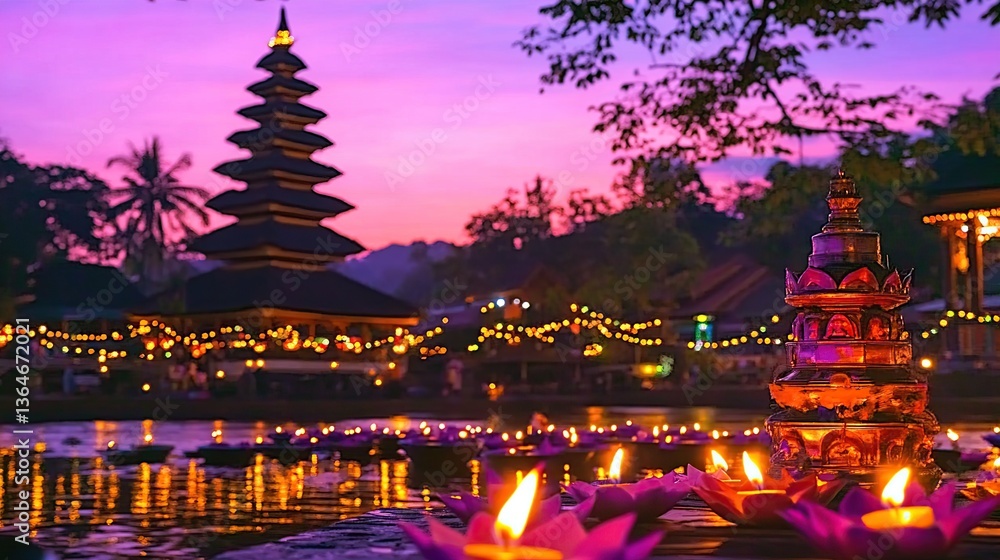 Fototapeta premium Balinese Temple Sunset Festival Floating Candles