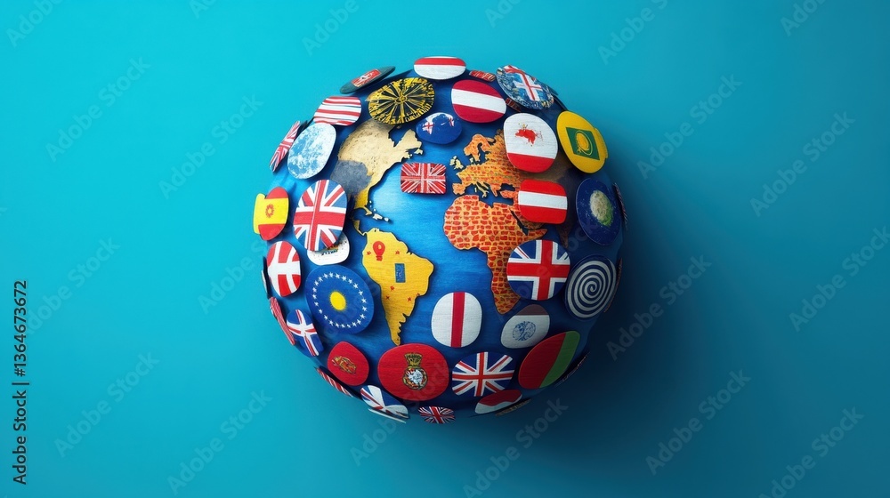 Global diversity: flags on globe representing international unity and cultural exchange Global diversity: flags on globe representing international unity and cultural exchange