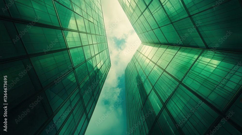 Obraz premium Modern green glass skyscrapers reflecting sky in urban cityscape