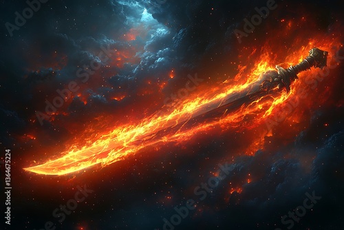 A glowing blade surrounded by fire and cosmic clouds