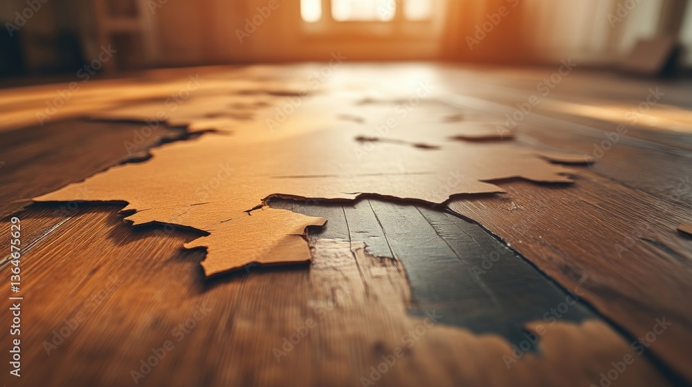 A map-like cut-out piece of cardboard on a wooden floor A map-like cut-out piece of cardboard on a wooden floor