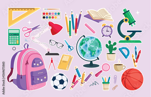 School elements sticker clipart set. Back to school educational outline clip art collection for stationery items, sign and symbol drawing icons vector illustration. 
