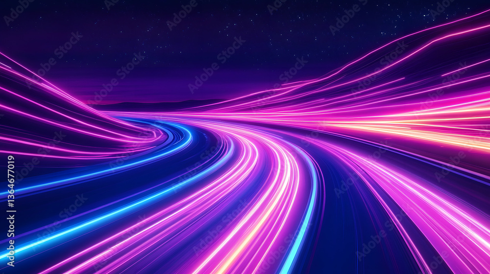 A futuristic background with neon light trails forming an abstract road or highway A futuristic background with neon light trails forming an abstract road or highway