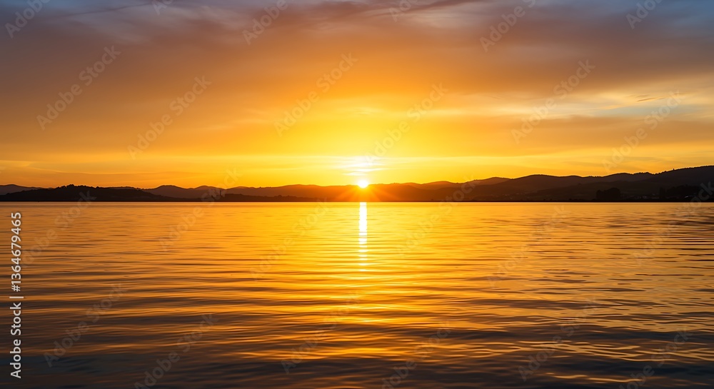 Obraz premium Sunset Over Calm Lake Water with Golden Reflection and Mountain Silhouette